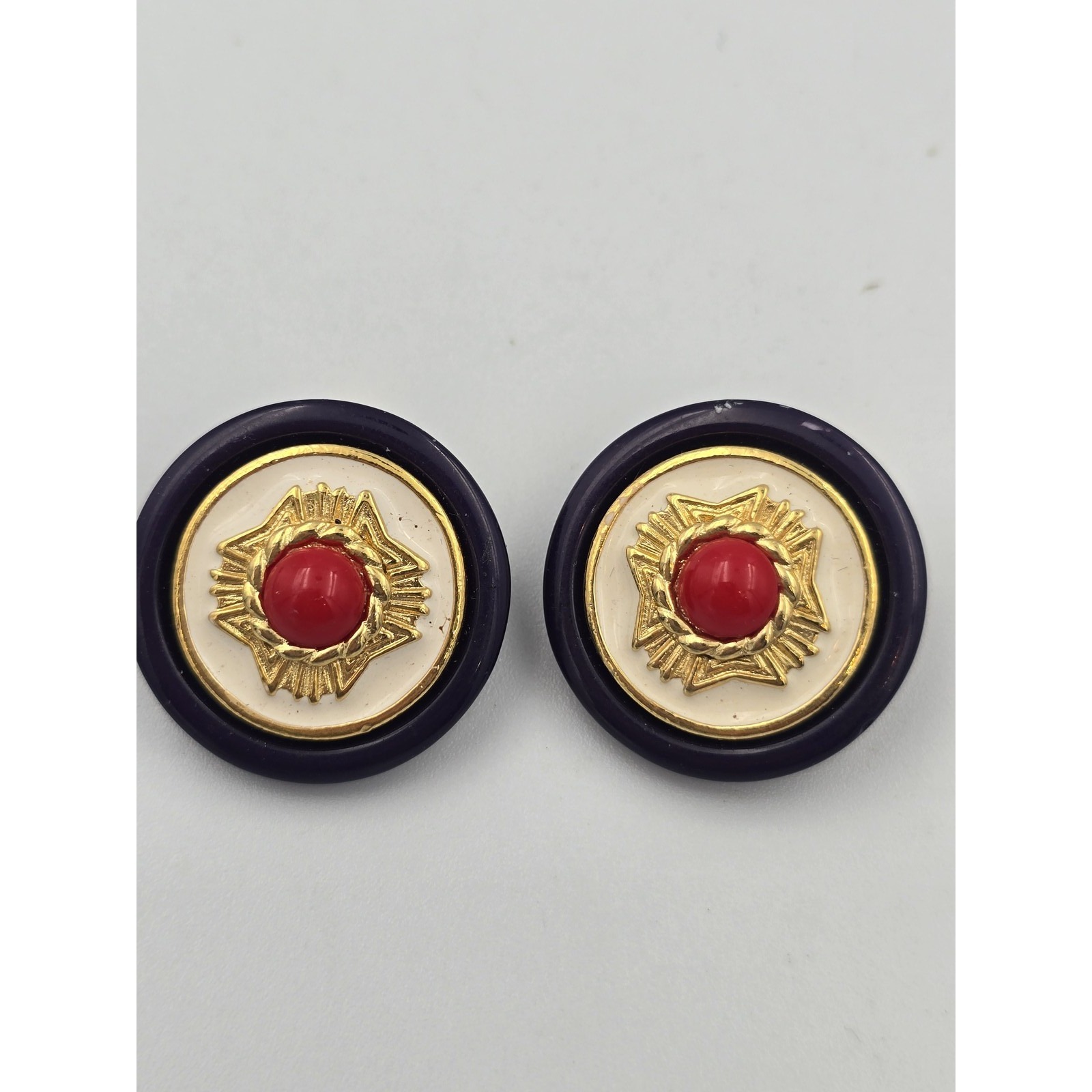 Vintage 80s Clip-On Earrings Navy Blue Red Gold Tone Cabochon Starburst Design